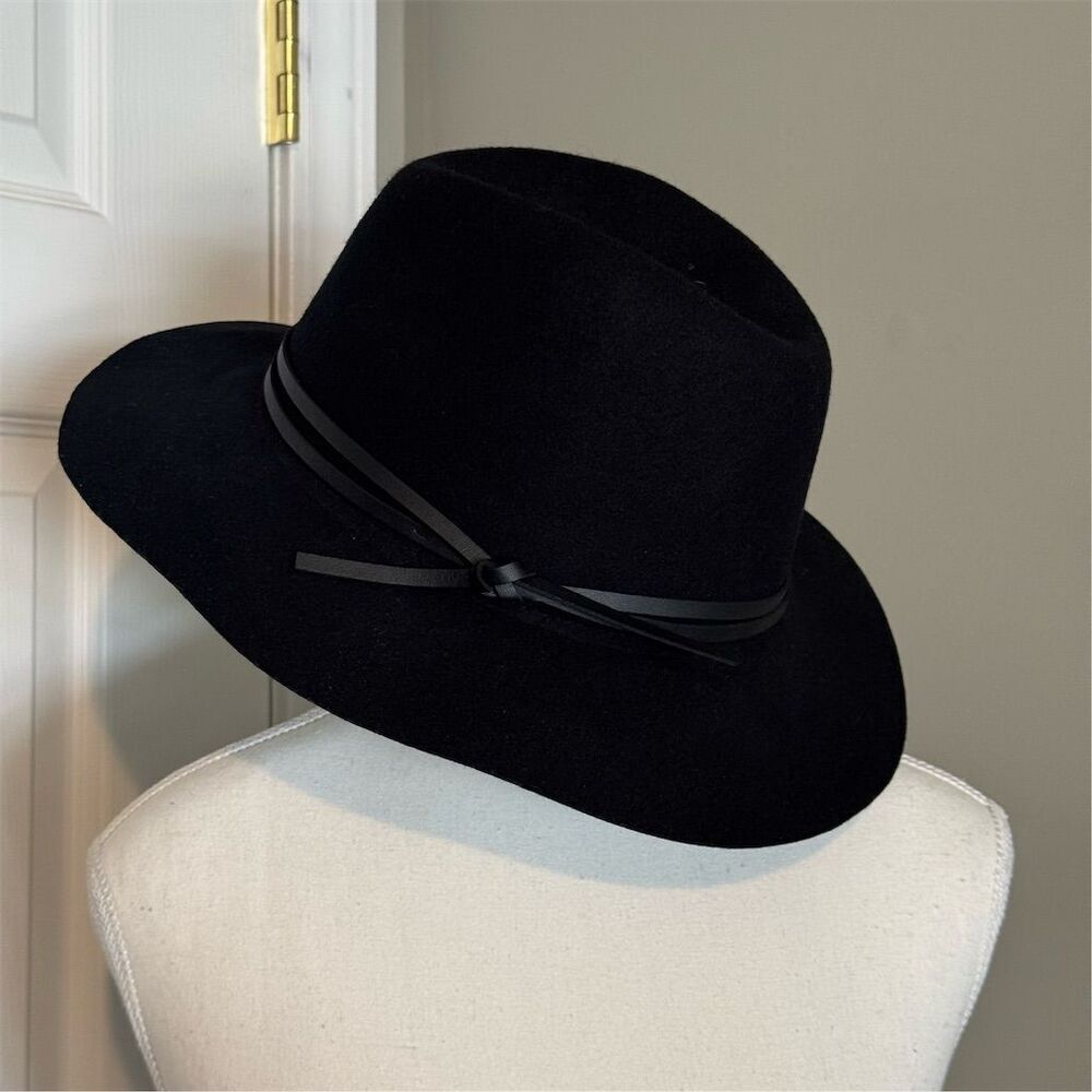 Unisex Black Wool Fedora‎ Hat with “Faux” Leather Trim